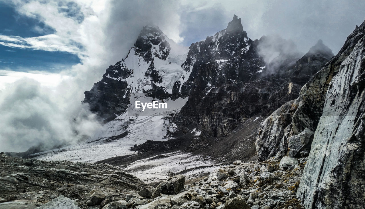 Panoramic view of snowcapped mountains against sky