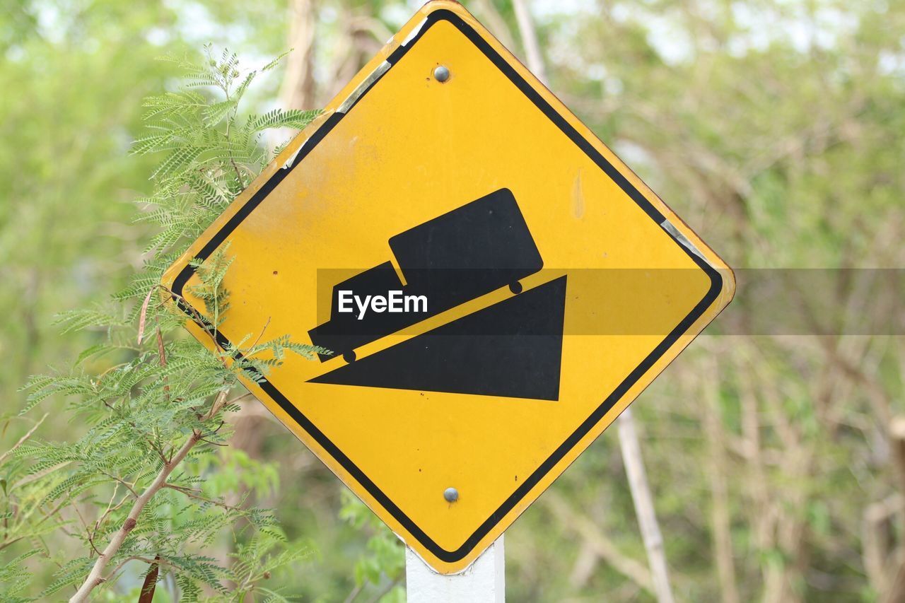 Close-up of road sign against trees