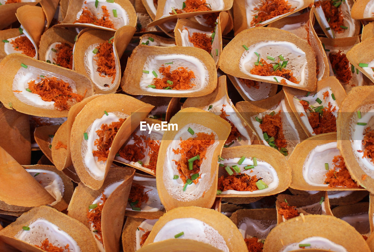 Full frame shot of tacos for sale at market