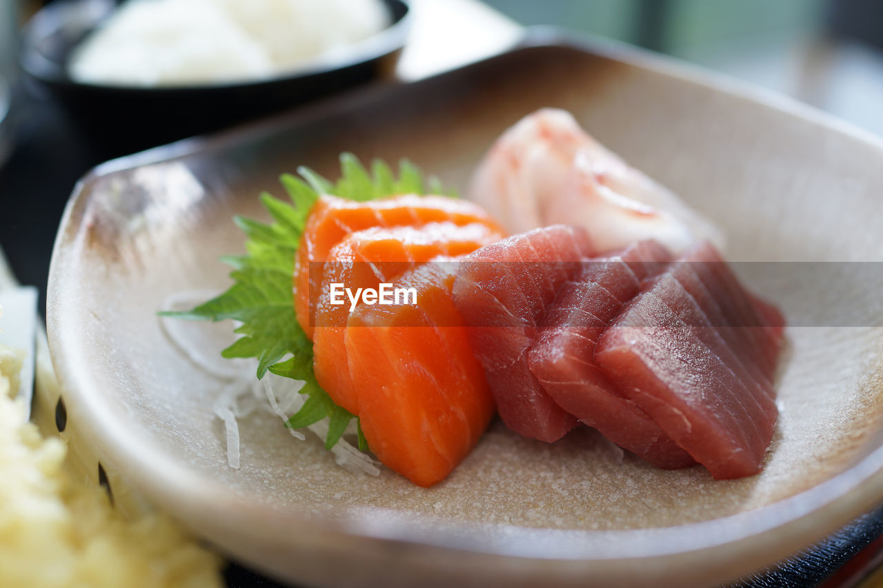 CLOSE-UP OF SUSHI SERVED ON PLATE