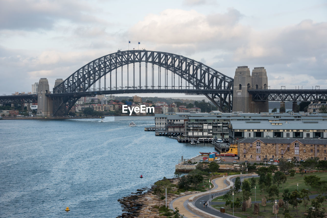 Bridge over river with city in background