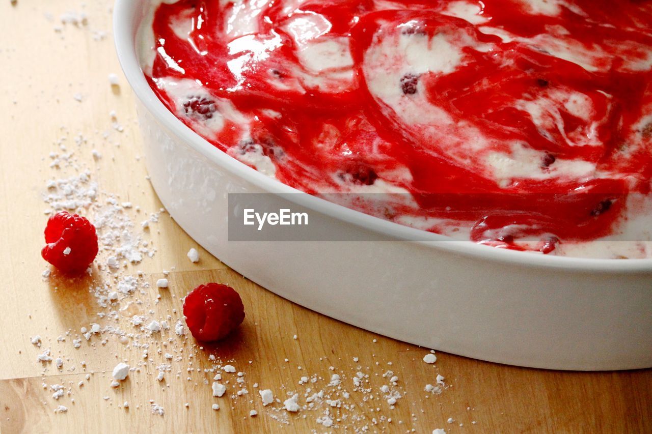 Close-up of strawberry cake on table