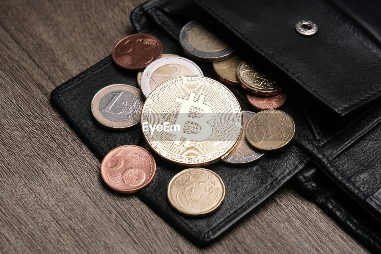 High angle view of coins in wallet