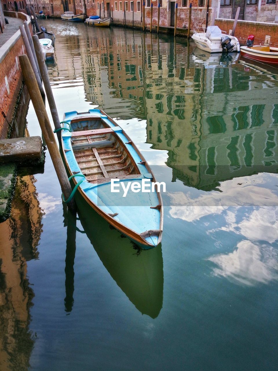 High angle view of boat moored in canal