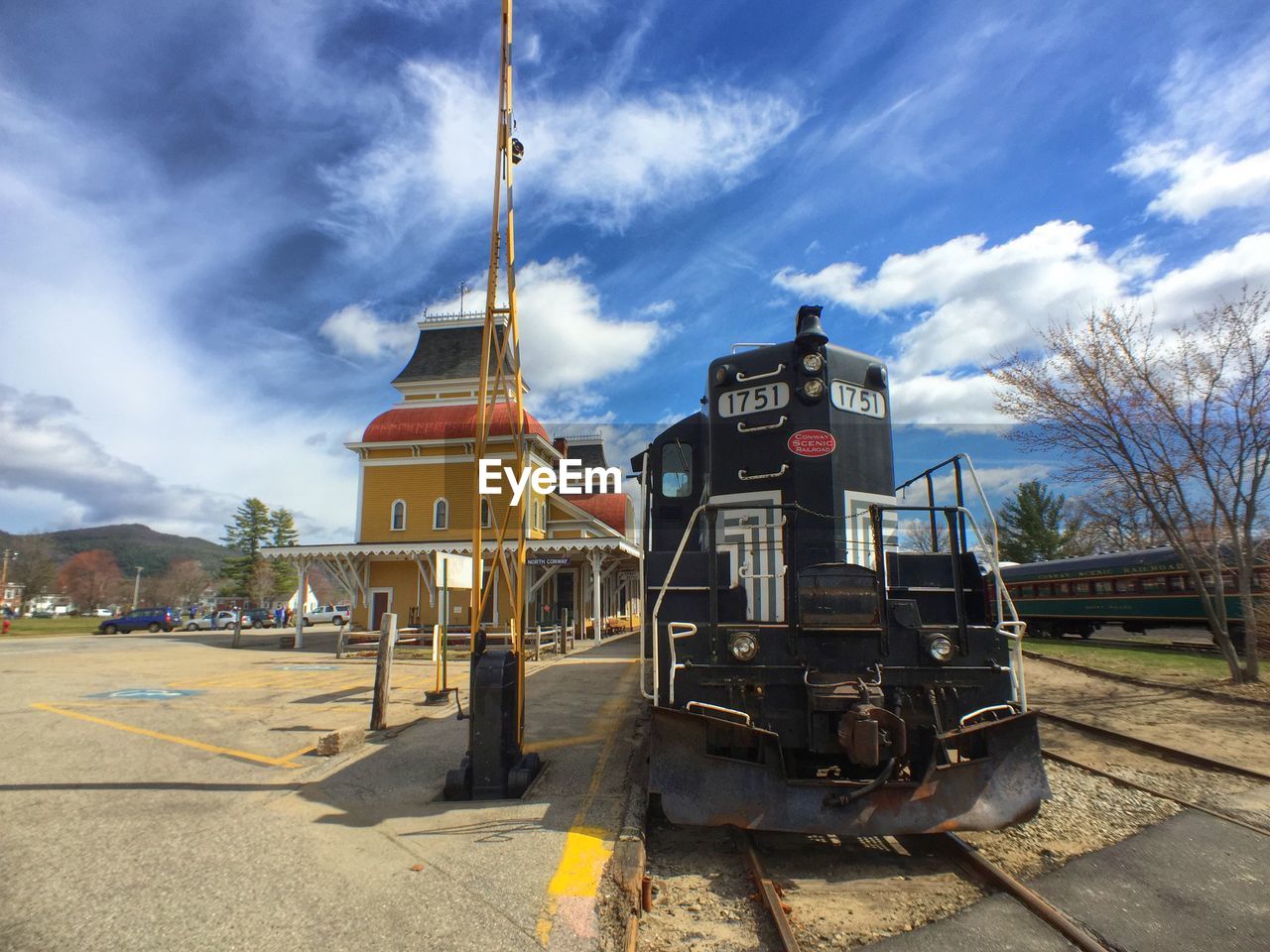 North conway railroad station against cloudy sky