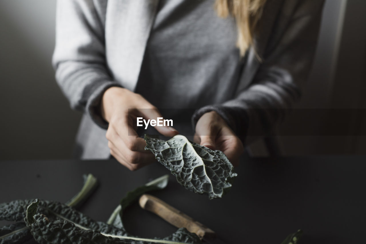 Midsection of woman holding a leaf