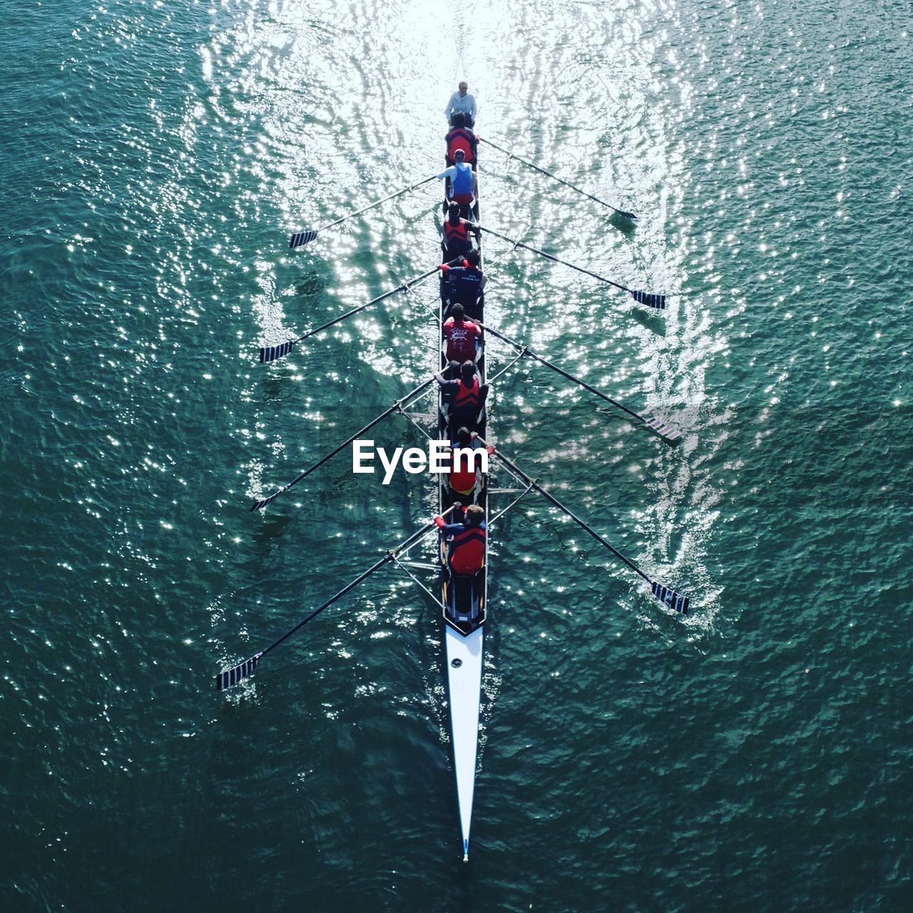 High angle view of people on boat at lake