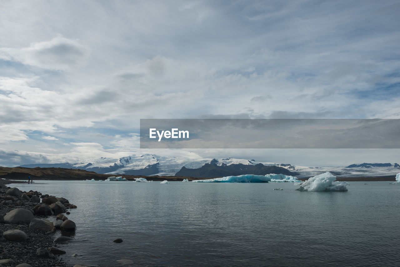 SCENIC VIEW OF LAKE AGAINST CLOUDY SKY