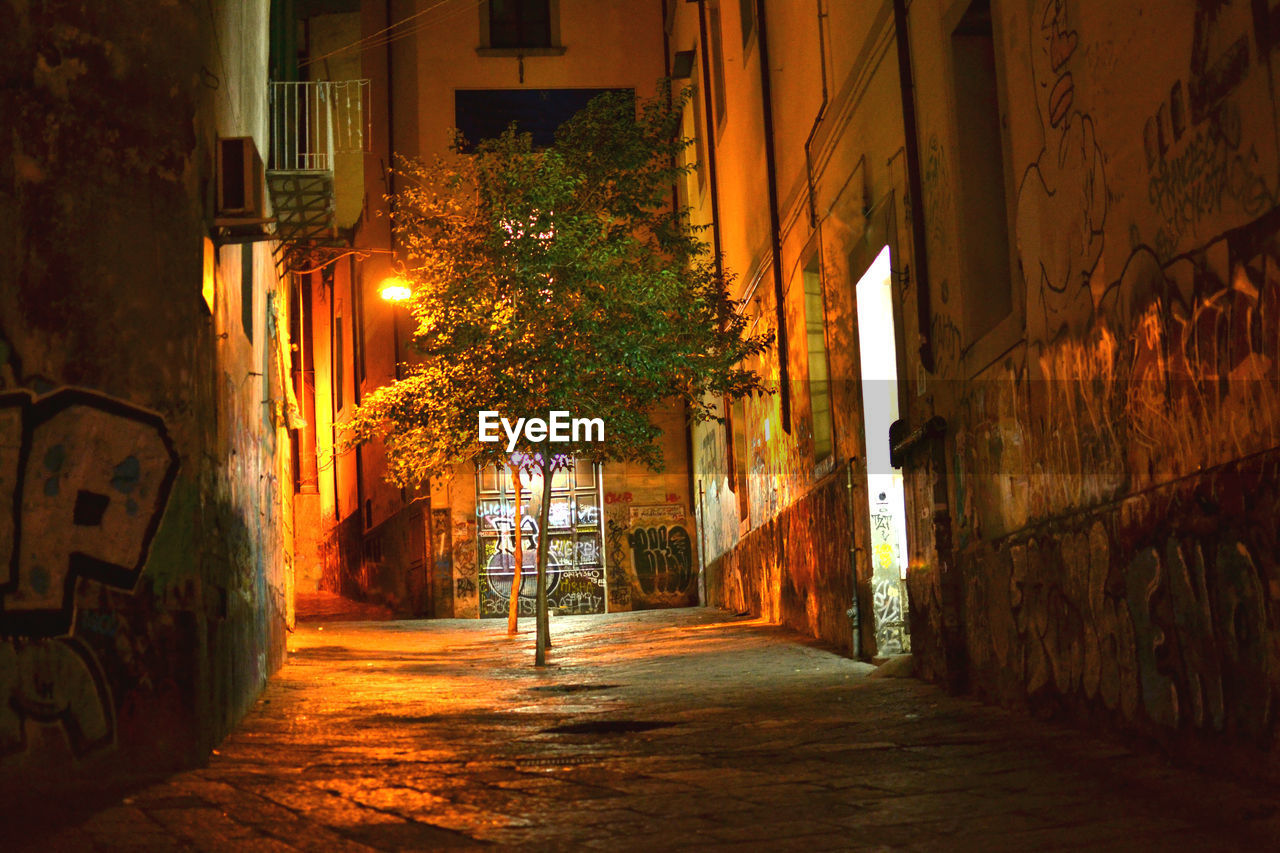 Street amidst buildings in city at night