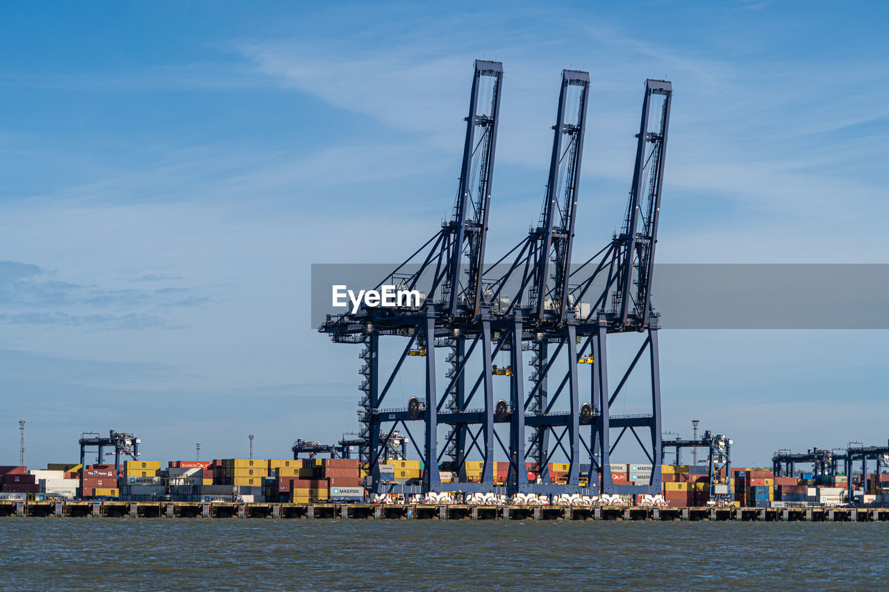 Felixstowe container port panoramic shots showing gantry cranes and container ship