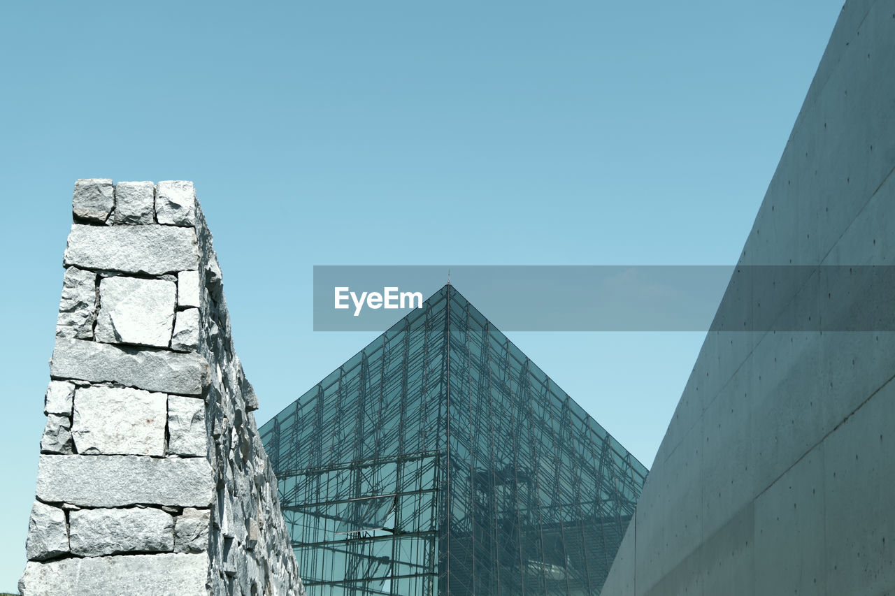 LOW ANGLE VIEW OF MODERN BUILDING AGAINST CLEAR SKY