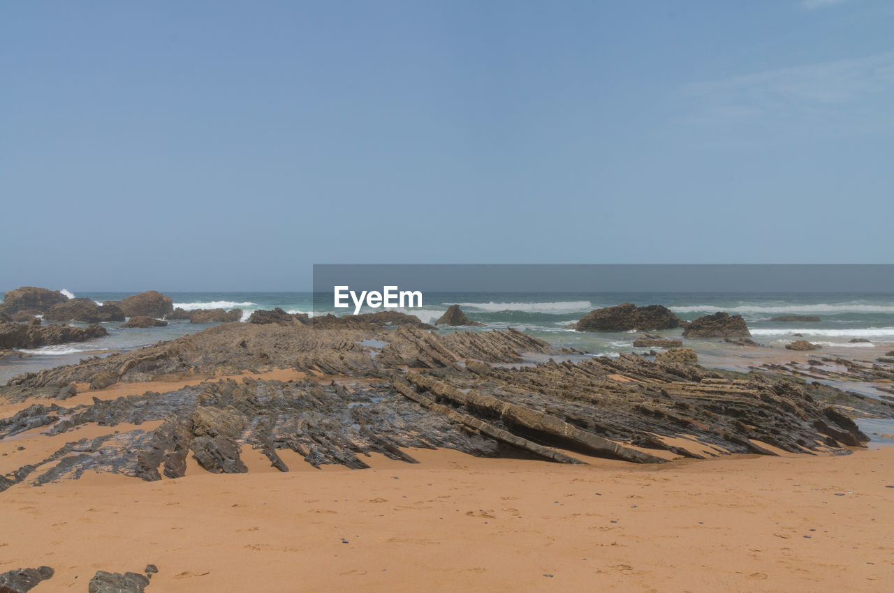 Scenic view of beach against clear sky