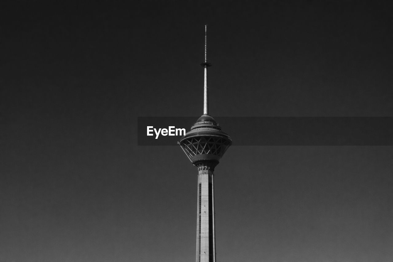 Low angle view of milad tower against clear sky