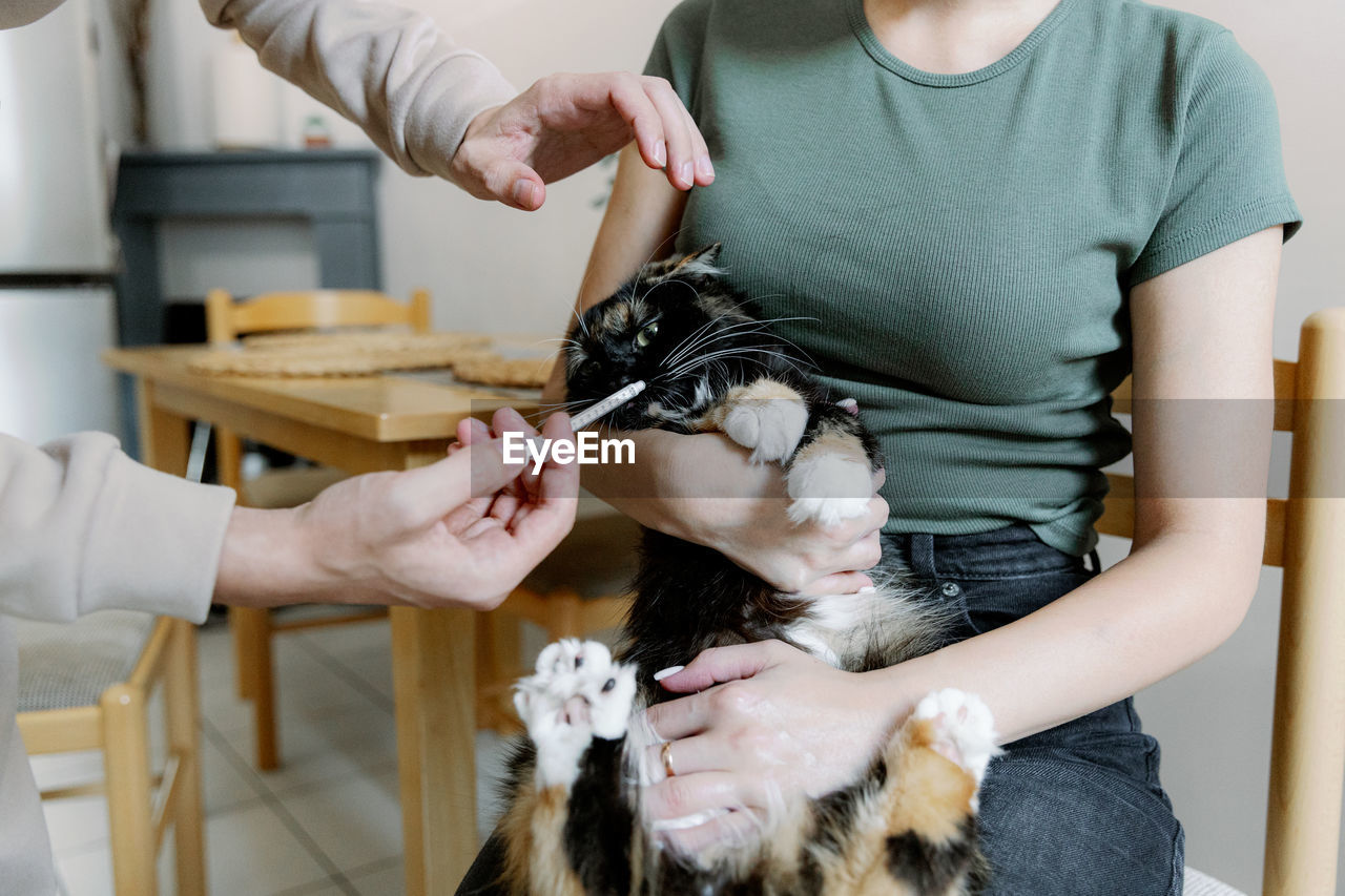 A young man gives medicine to a cat sitting in the arms of a girl.