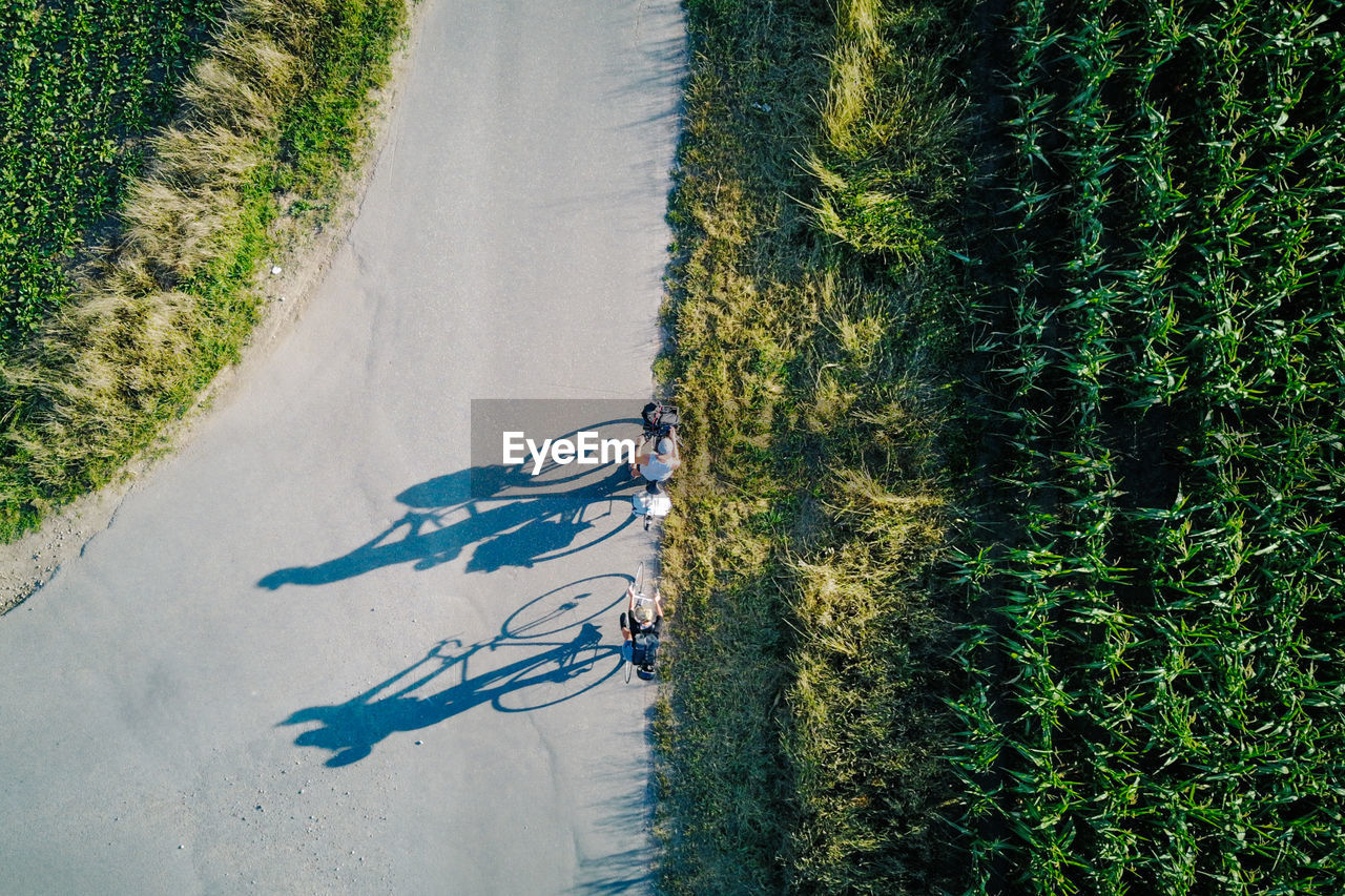 High angle view of people riding bicycle on road