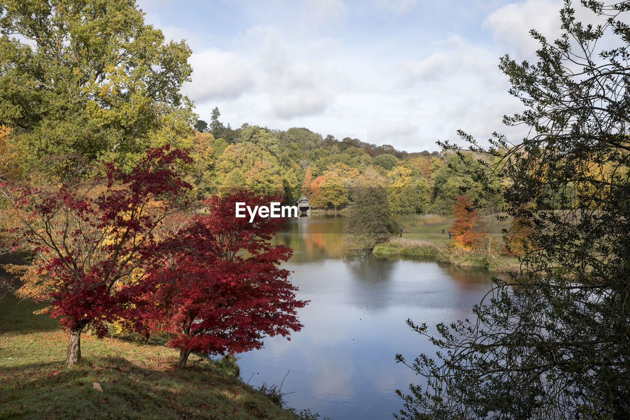 SCENIC VIEW OF LAKE BY TREES AGAINST SKY DURING AUTUMN