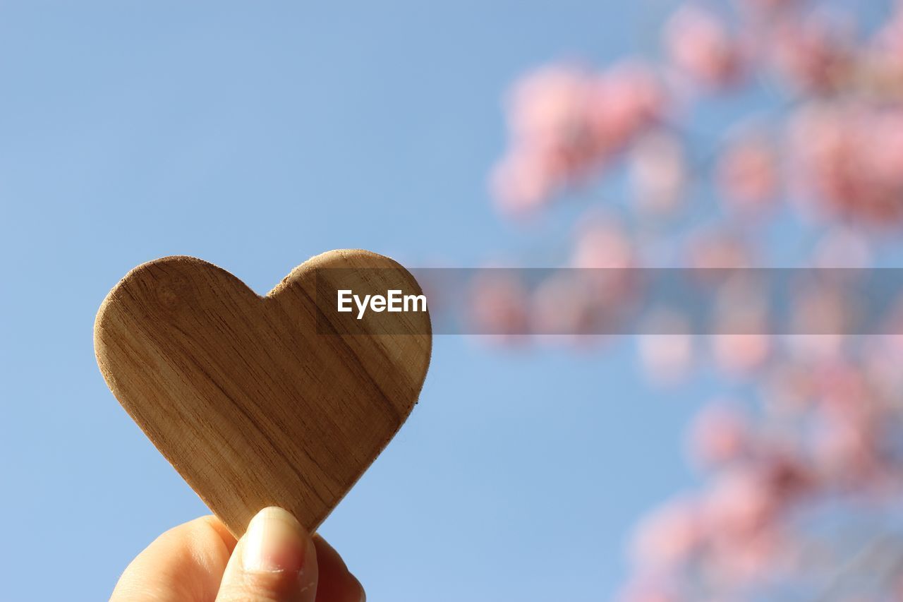 Close-up of hand holding heart shape wood against sky