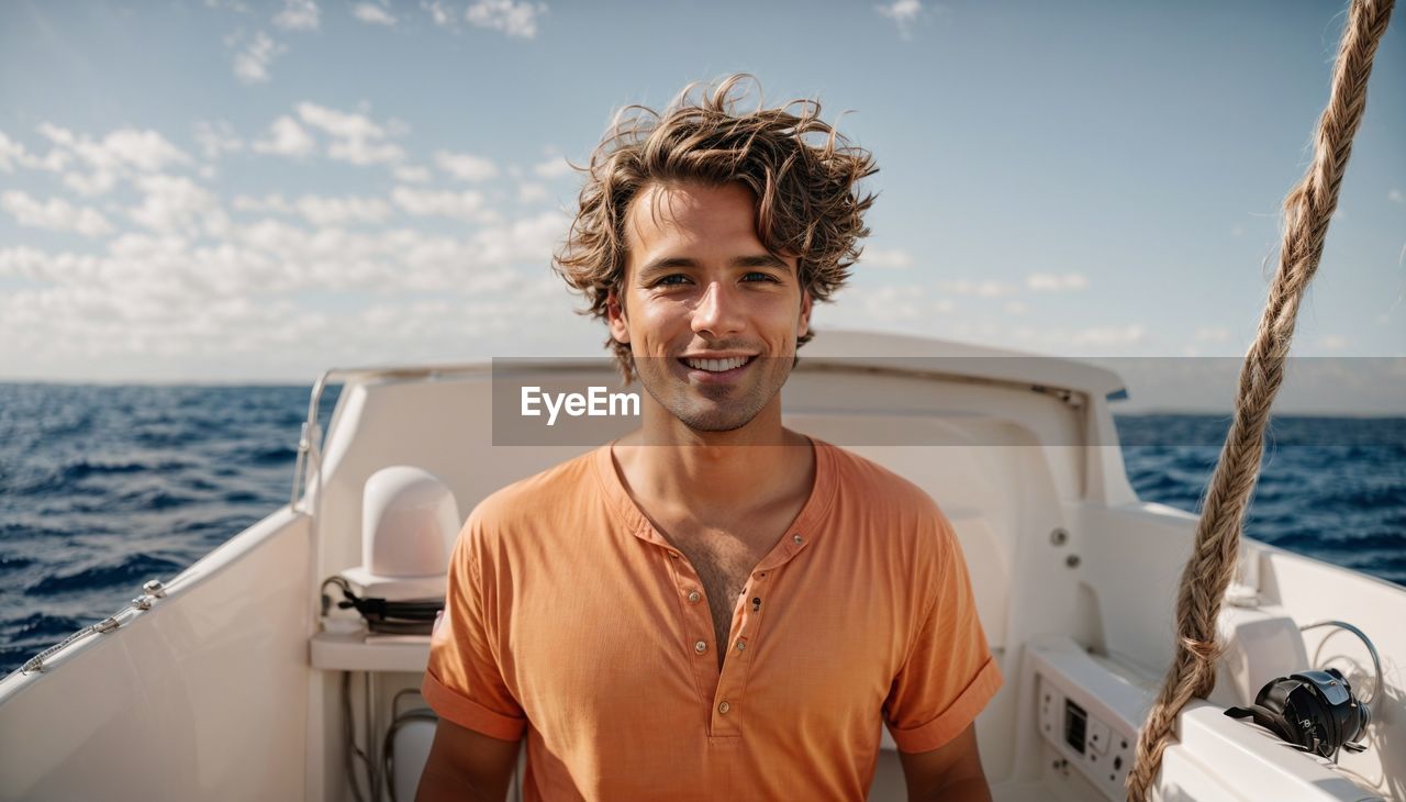 portrait of smiling young man standing by boat in sea