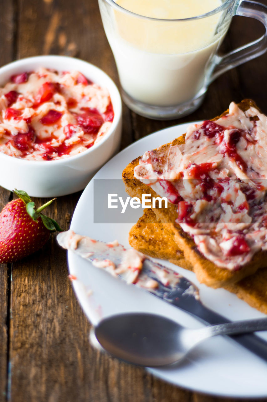 Breakfast table strawberry butter bread milk