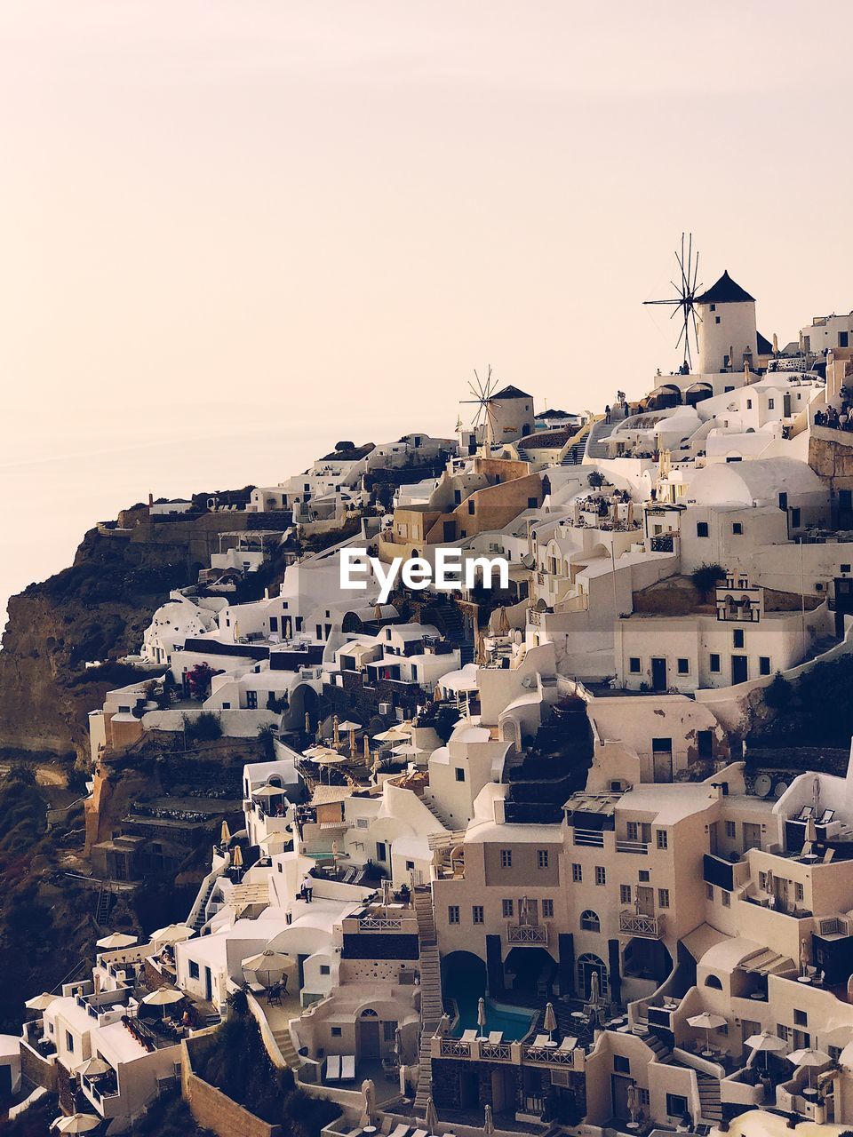 High angle view of santorini townscape against sky