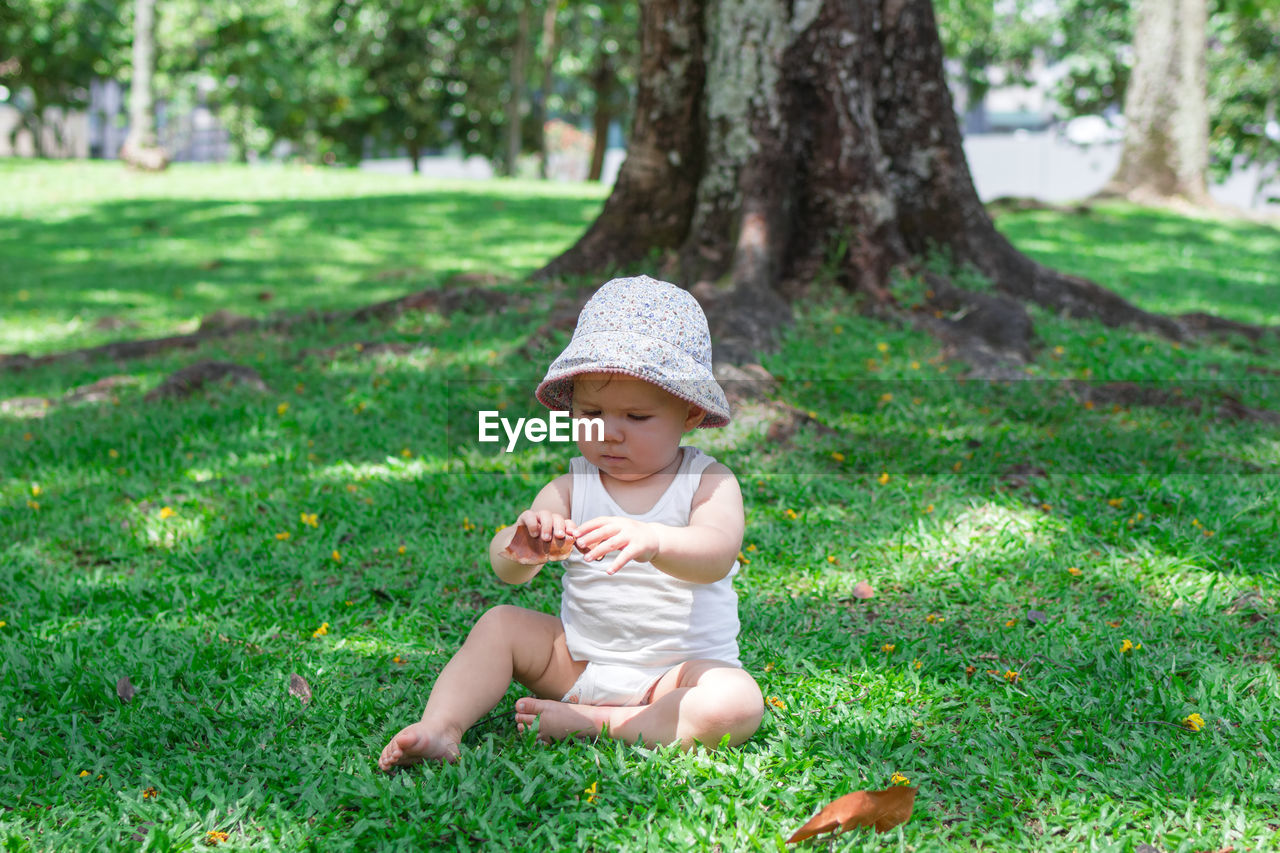 Adorable baby girl in white clothing and panama is playing with dry yellow leaves on grass.