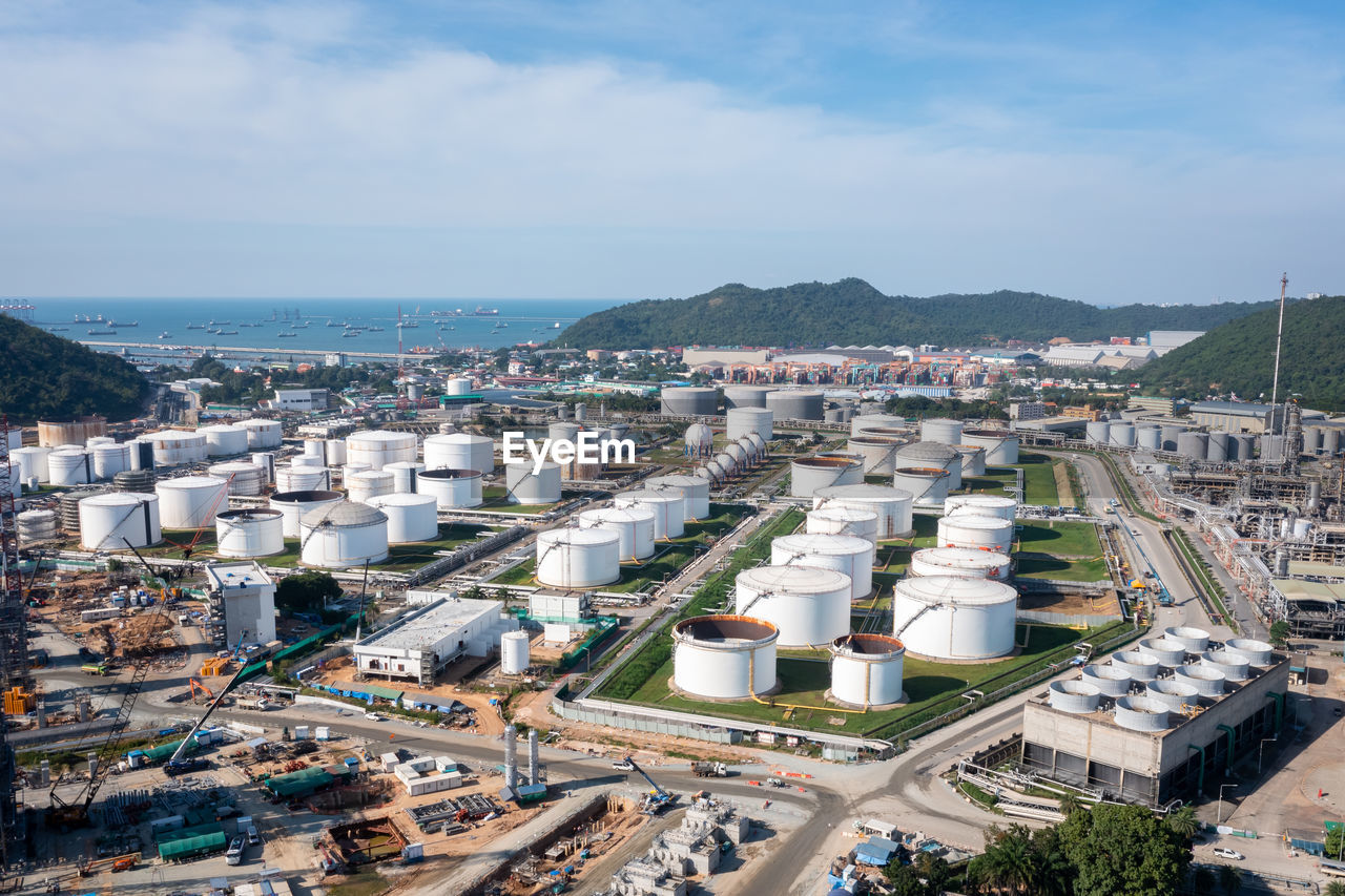 Oil refinery plant industry zone, aerial view oil and gas petrochemical industrial, refinery factory 