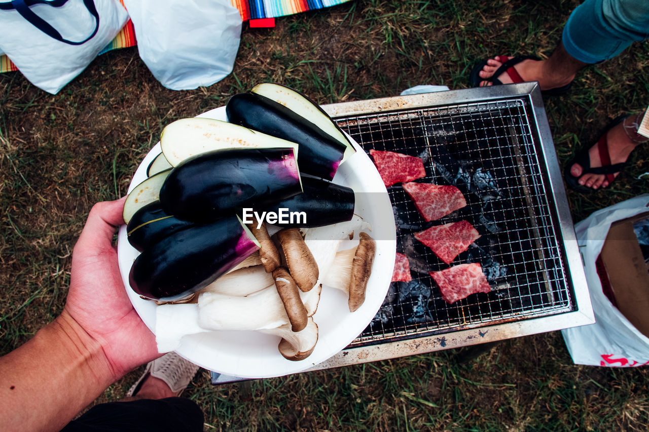 Directly above shot of man holding mushrooms and eggplants in plate over barbecue grill