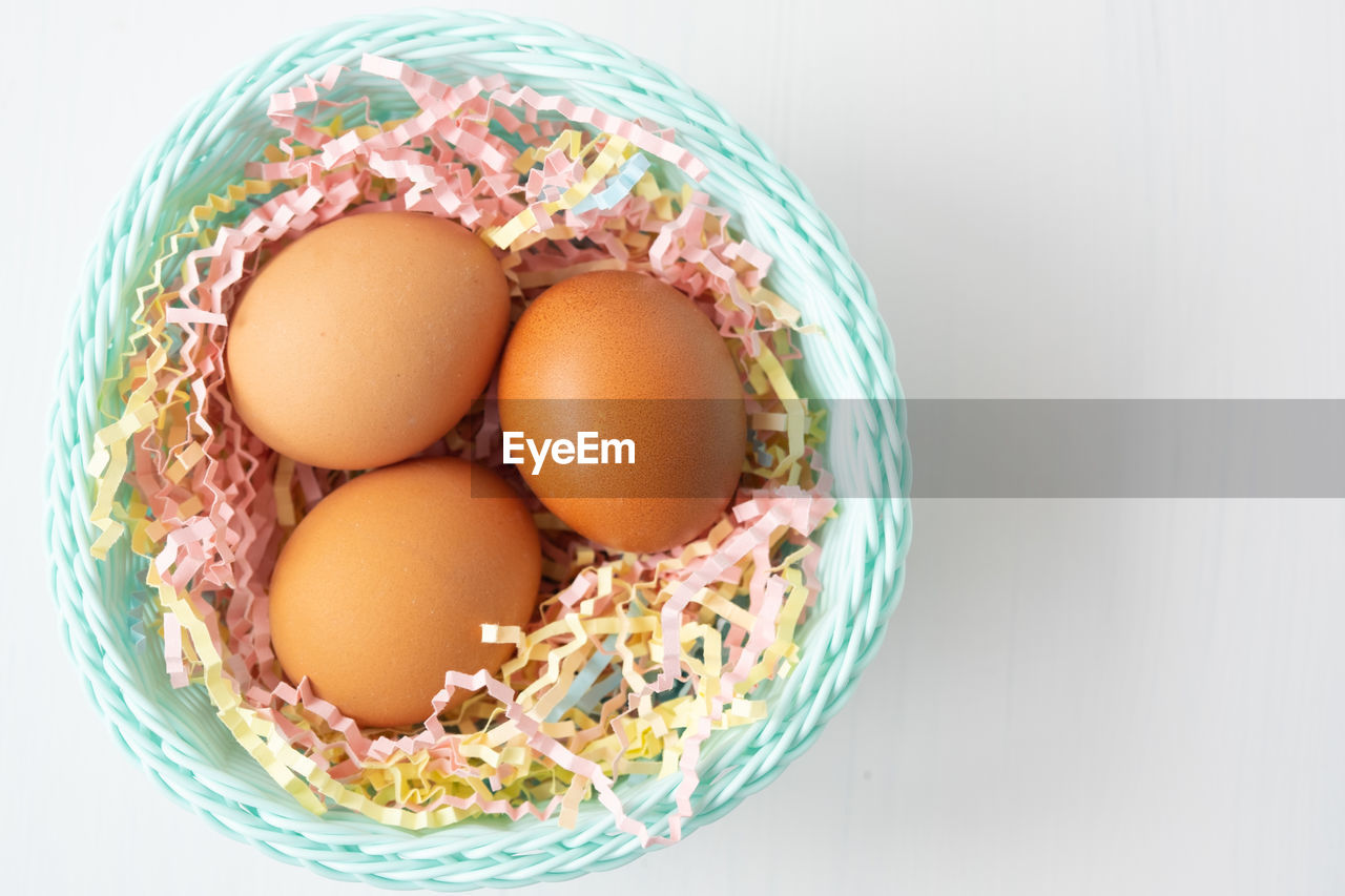 high angle view of eggs in bowl on white background