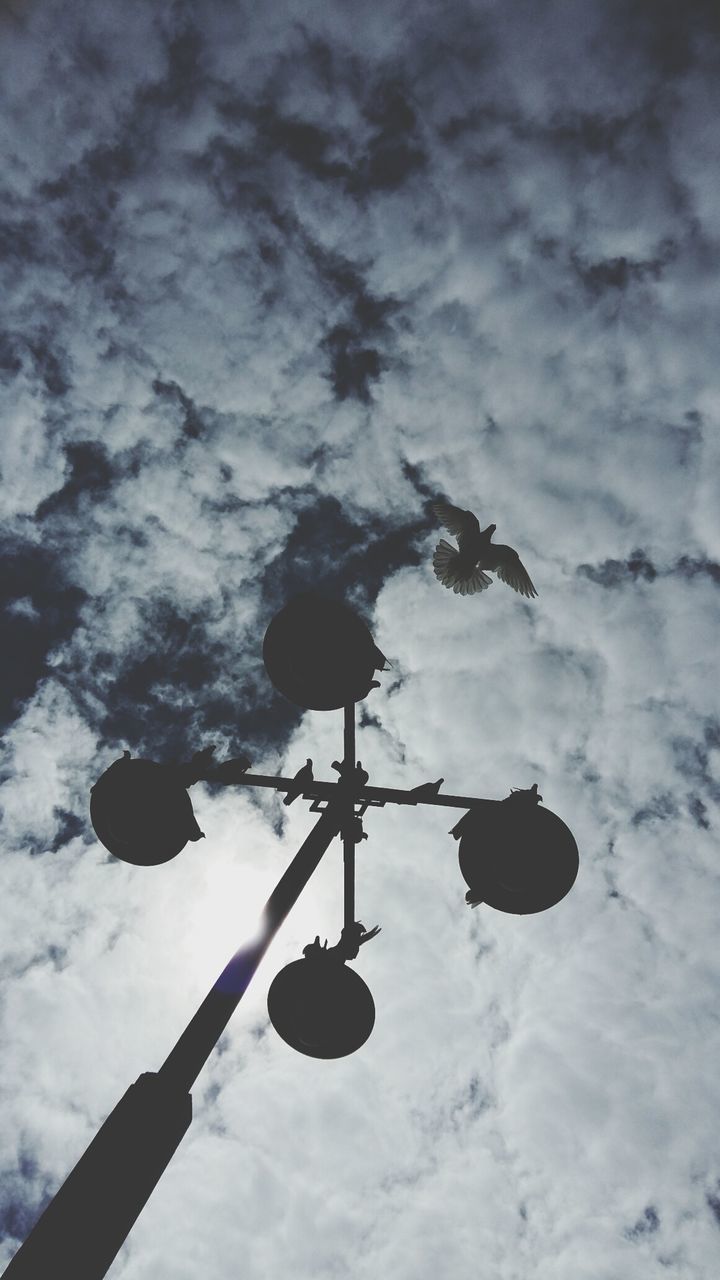 LOW ANGLE VIEW OF STREET LIGHTS AGAINST CLOUDY SKY