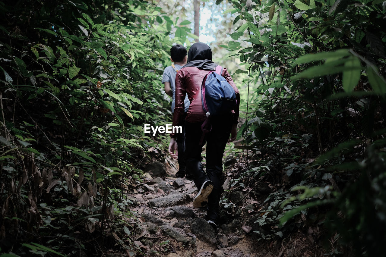 A boy and a girl hiking in the tropical forest