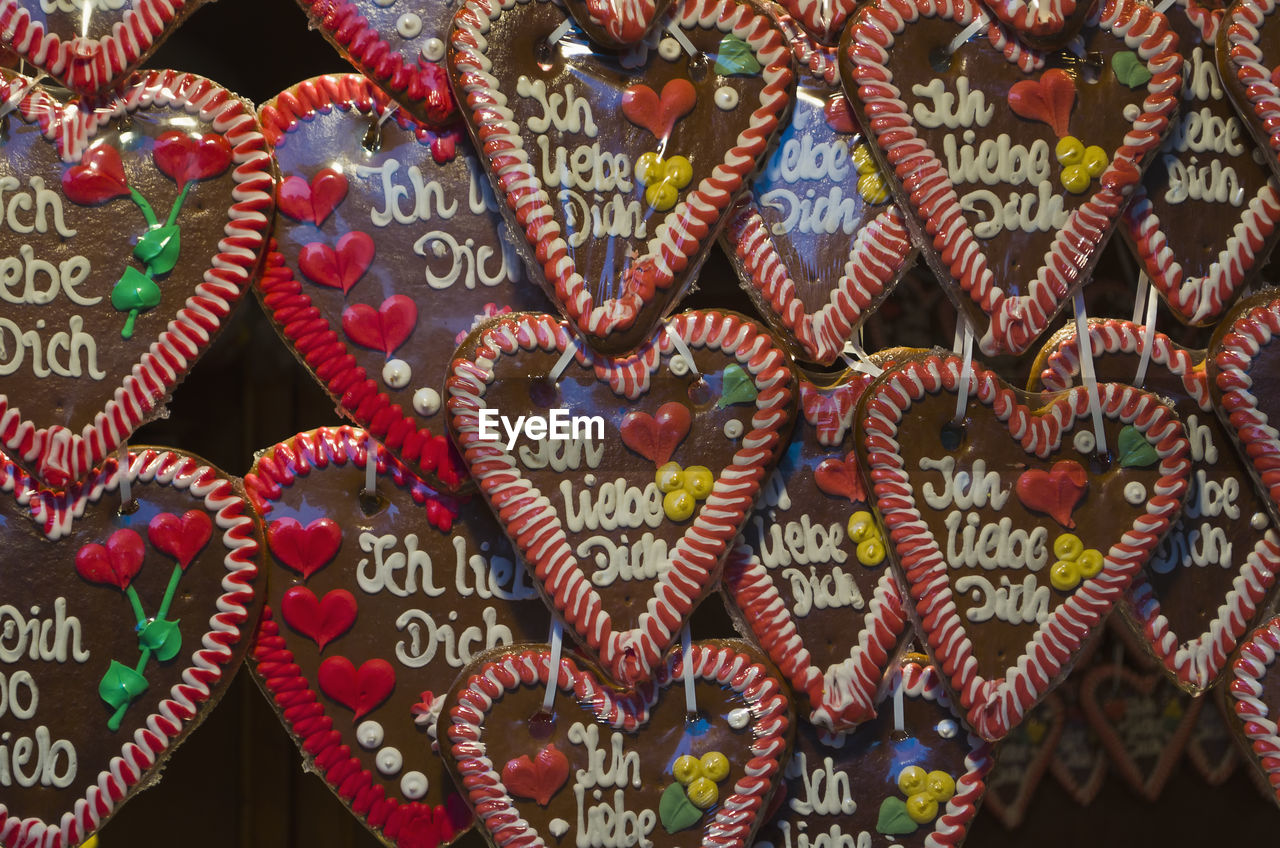 Full frame shot of hear shape ginger bread cookies for sale in market