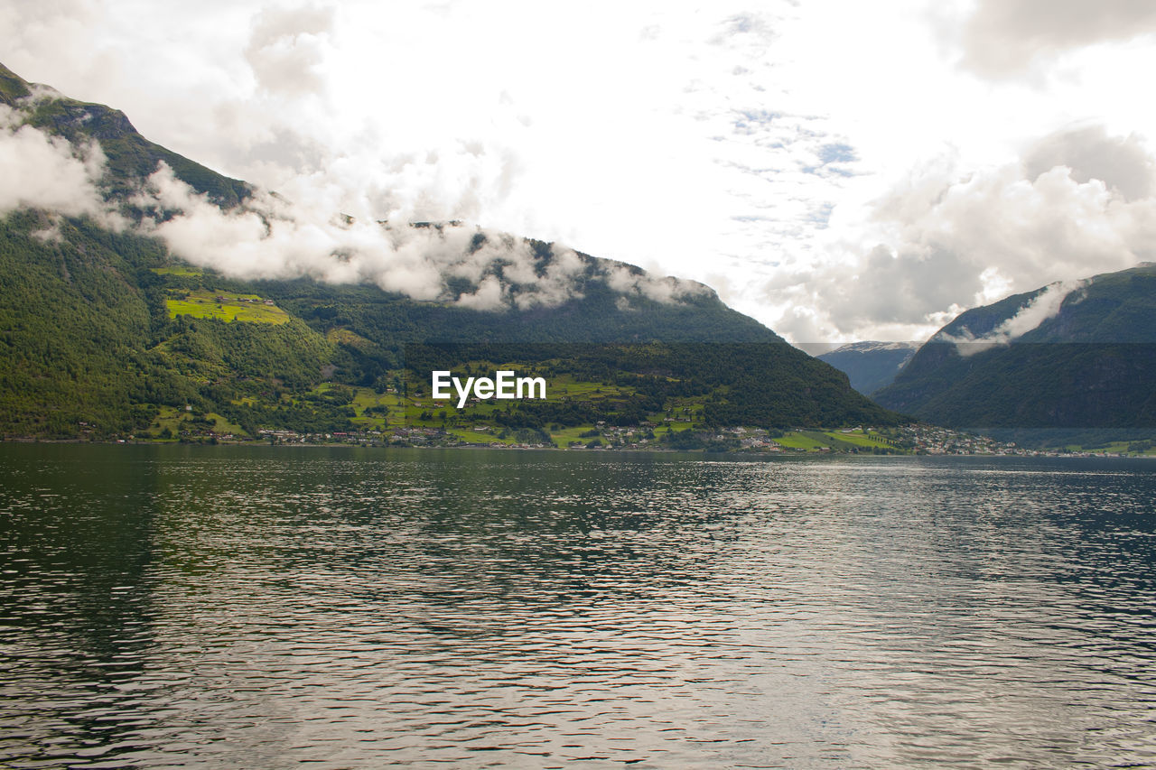 Scenic view of lake and mountains against sky