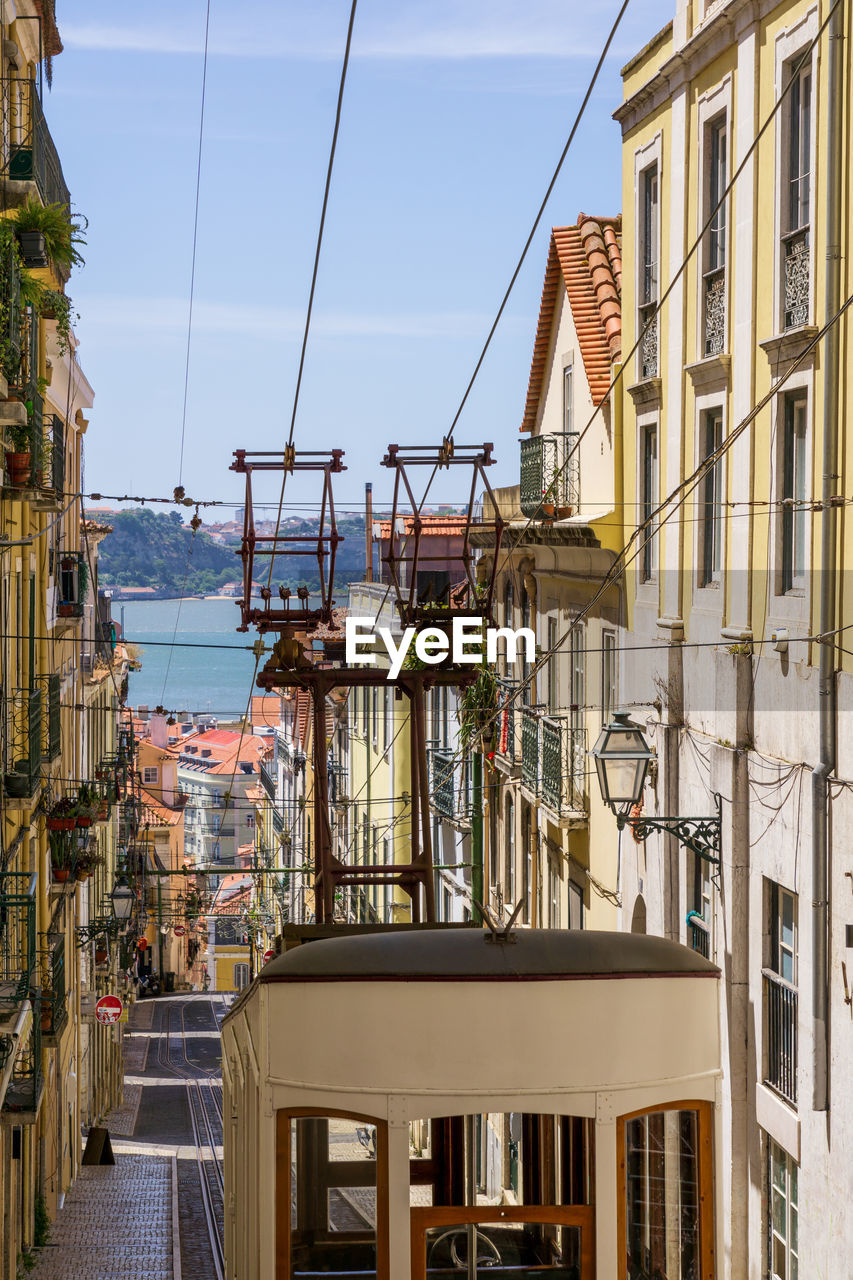 Bright sunny street in the old center of lisbon with funicular. portugal