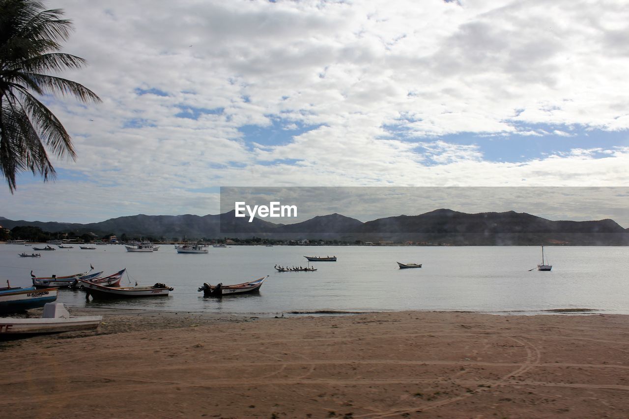 SAILBOATS MOORED IN BAY