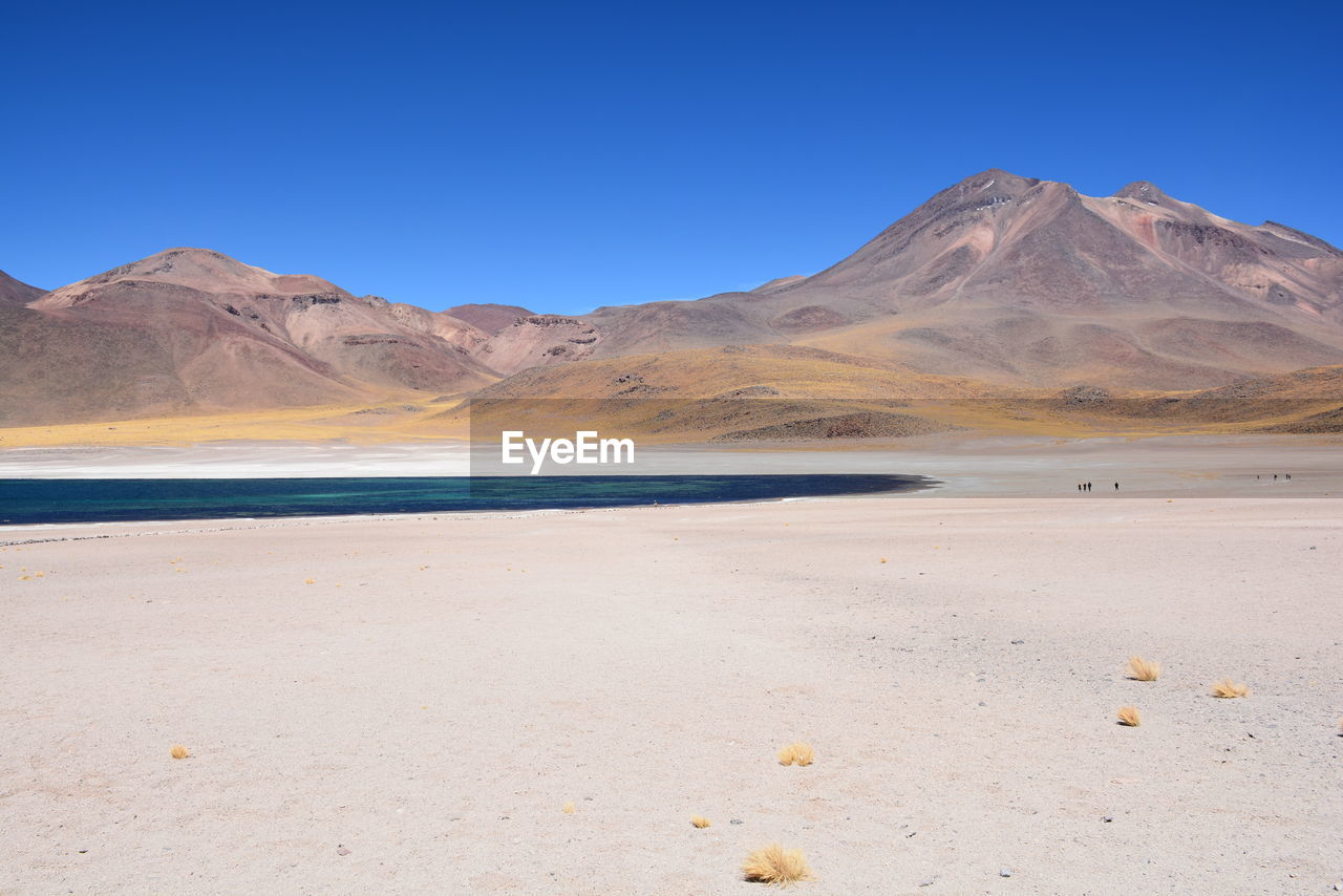 Scenic view of desert against clear blue sky