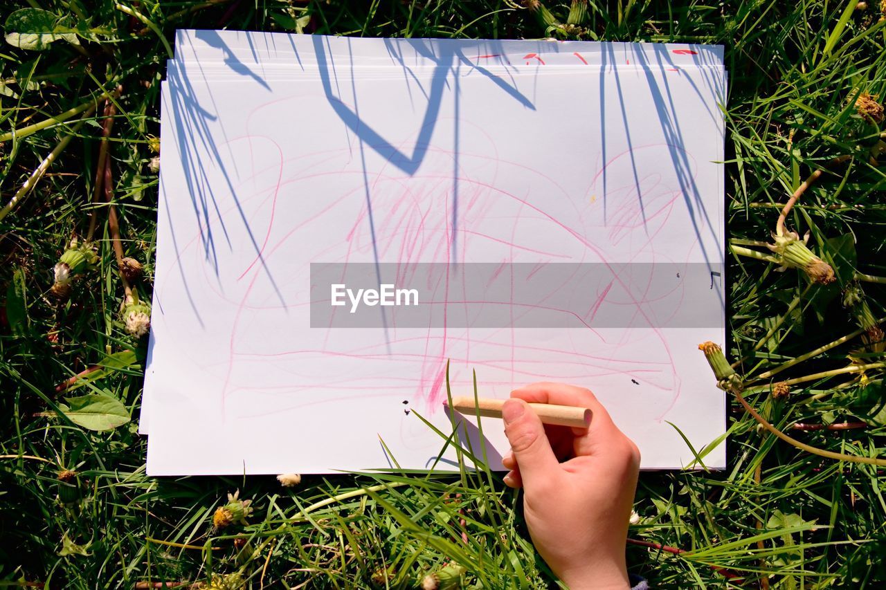 View of child's hand drawing colorful ornaments on paper. notebook in fresh grass of meadow.