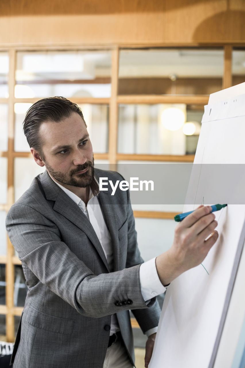 Mid adult businessman writing on flip chart during presentation in office