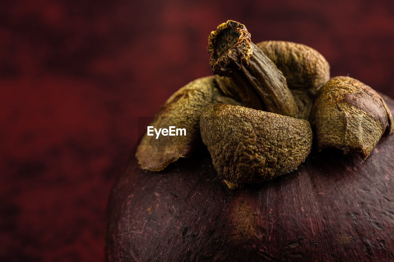 Closeup of mangosteen fruit on red background