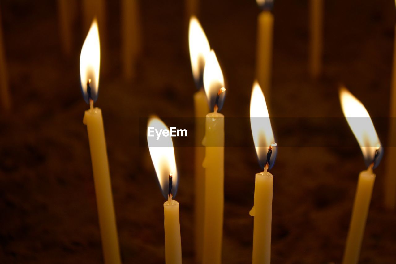 Close-up of candles burning in temple