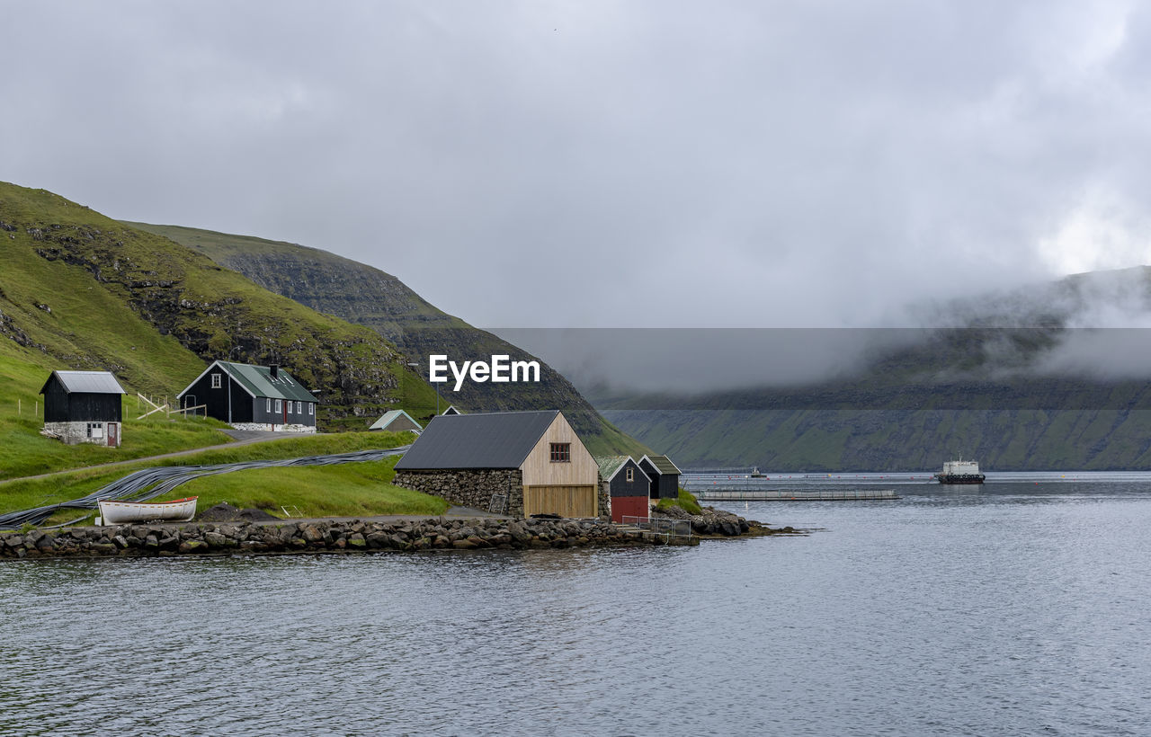 House by lake against sky