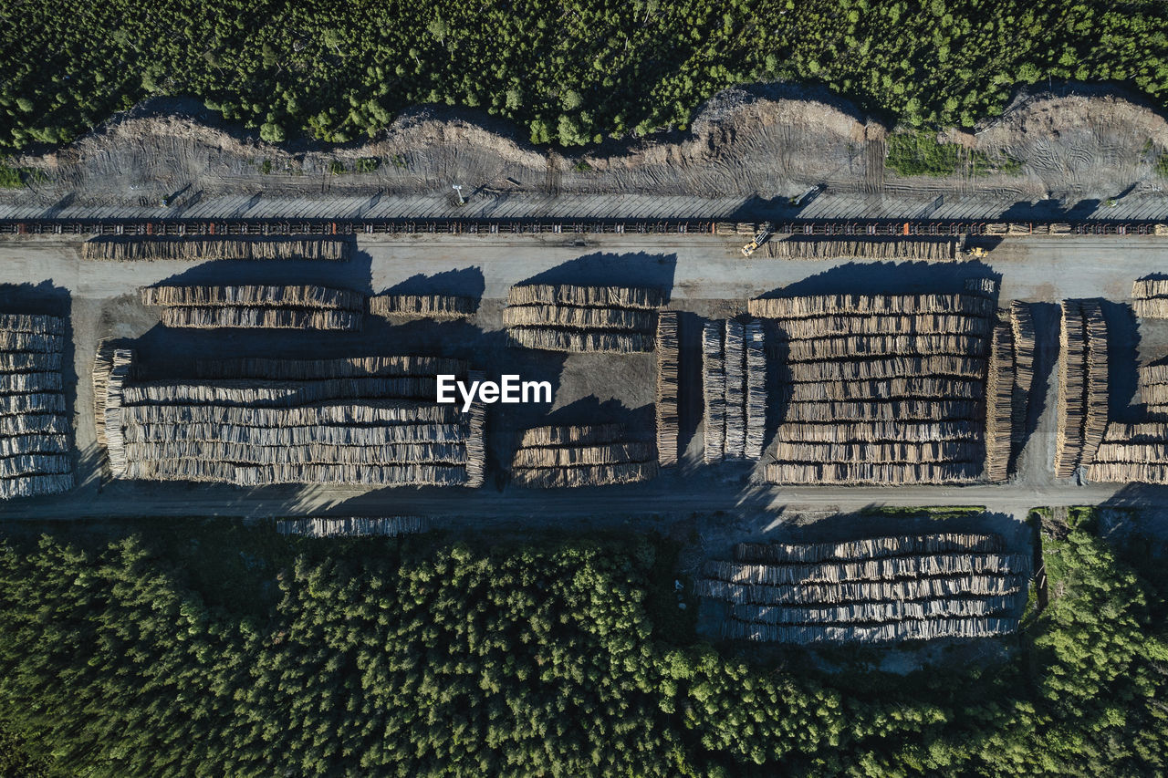 Aerial view of a timber terminal in jämtland, sweden.