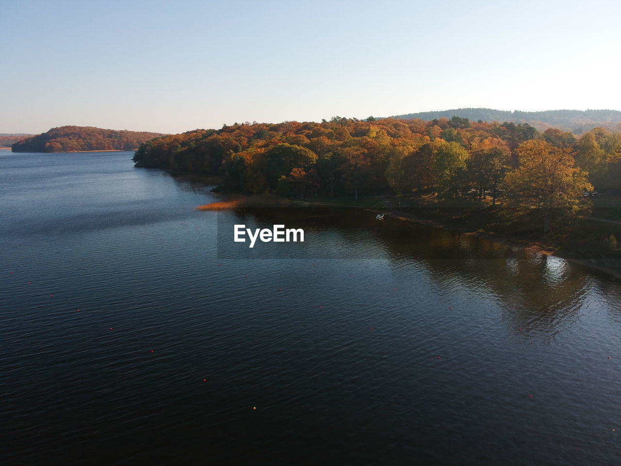 SCENIC VIEW OF LAKE BY TREES AGAINST CLEAR SKY