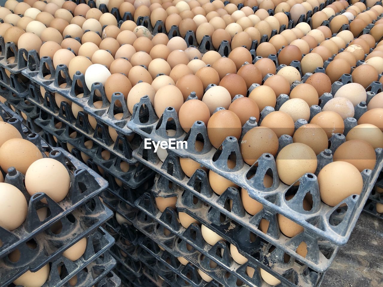 High angle view of eggs in container at morning local market