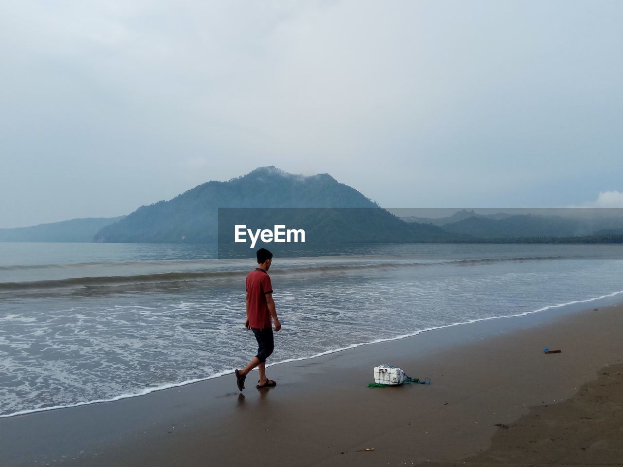 Rear view of man on beach against sky