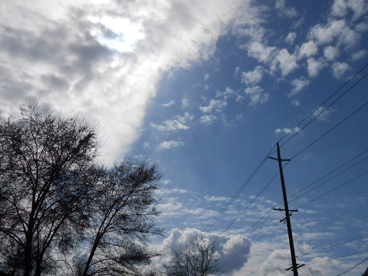 LOW ANGLE VIEW OF POWER LINES AGAINST CLOUDY SKY