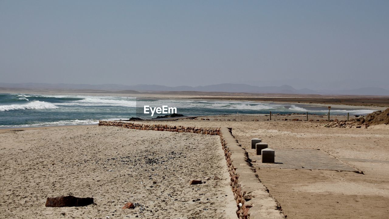 Scenic view of beach against clear sky