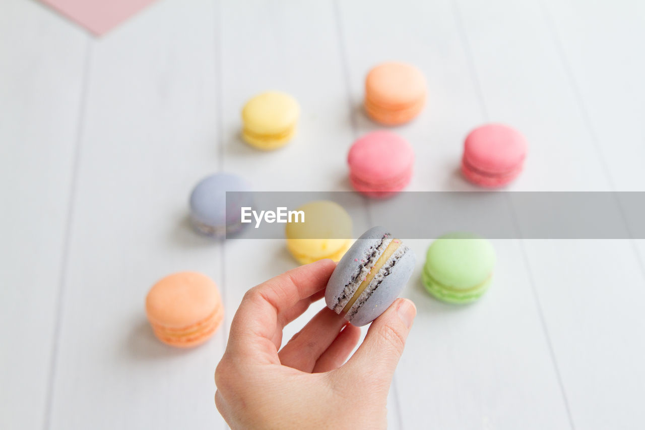 Close-up of hand holding macaroons