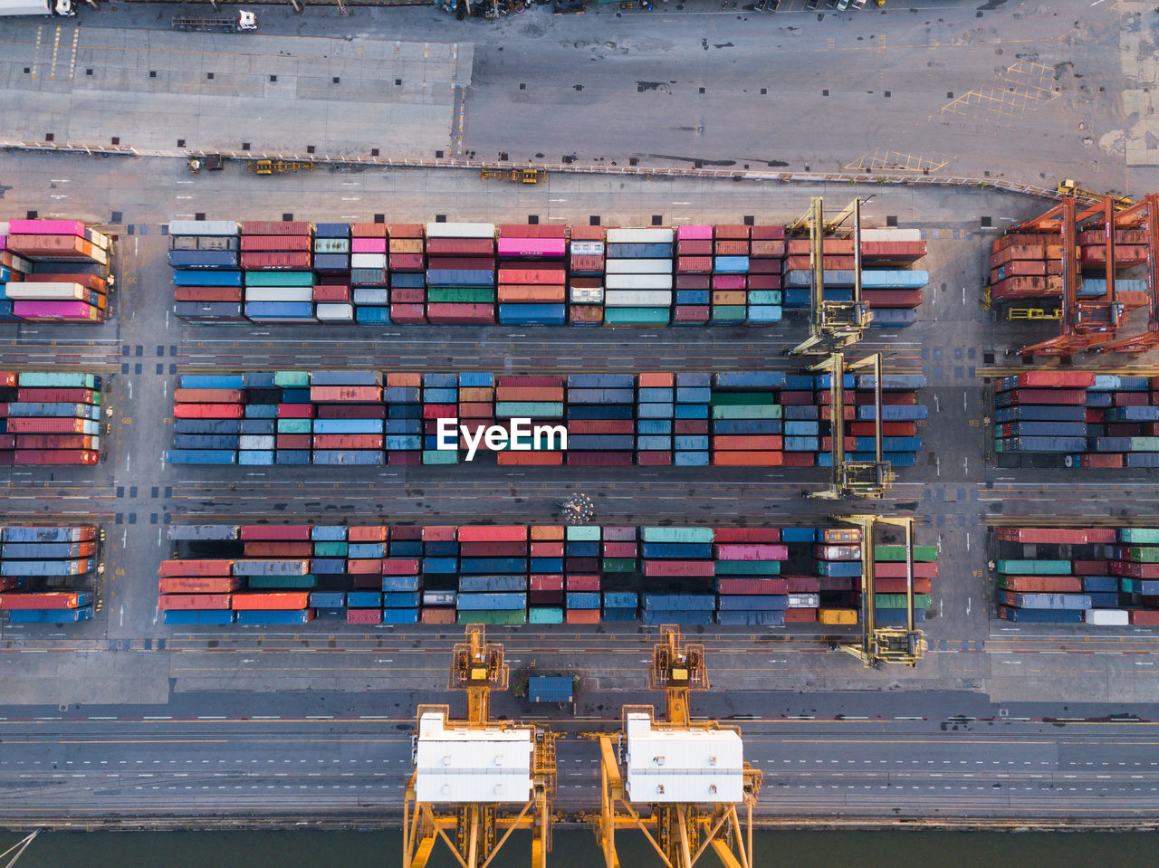 Aerial view of cargo containers at dock
