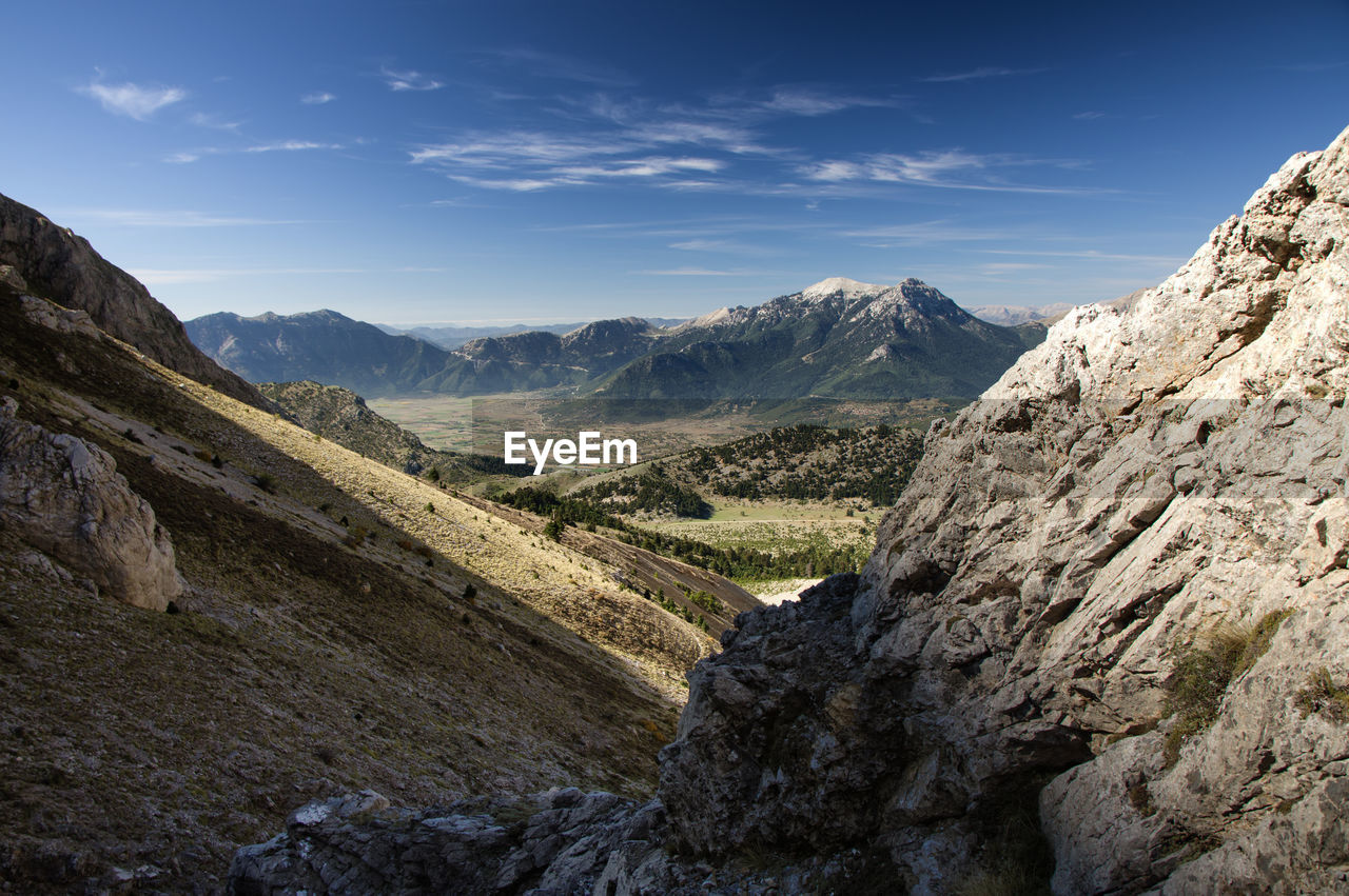 Scenic view of valley and mountains against sky