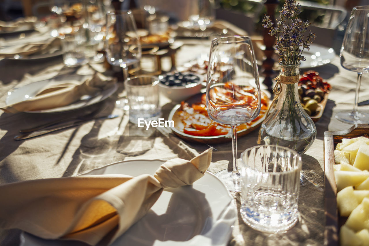 high angle view of food on dining table